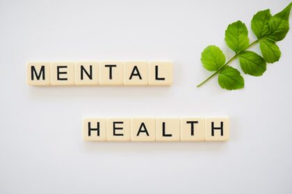 the word mental health spelled with scrabbles next to a green leaf